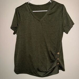 Women’s V-Neck Short Sleeve Top with Side Button Detail - Olive
